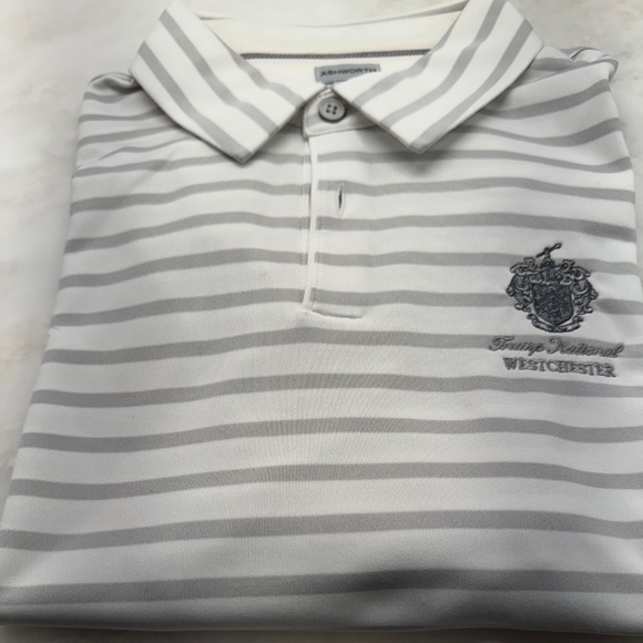 Man’s golf shirt, XL. It is white with a gray stripe and it is made of gorgeous - Picture 1 of 2